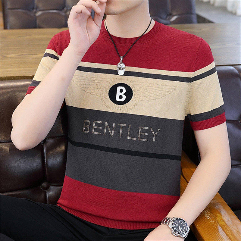 冰麻针织衫男士夏季薄款透气上衣服潮牌撞色短袖青年帅气半袖体恤