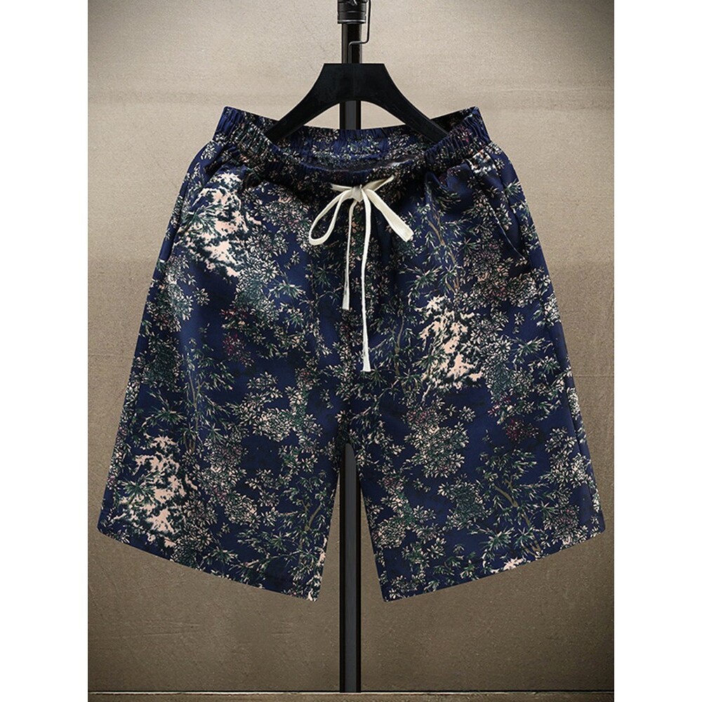 冰丝速干花短裤男夏季薄款宽松直筒沙滩裤国潮运动外穿休闲五分裤