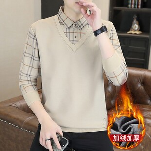 假两件毛衣男士秋冬季潮流加绒加厚衬衫领针织打底衫潮牌拼接线衣