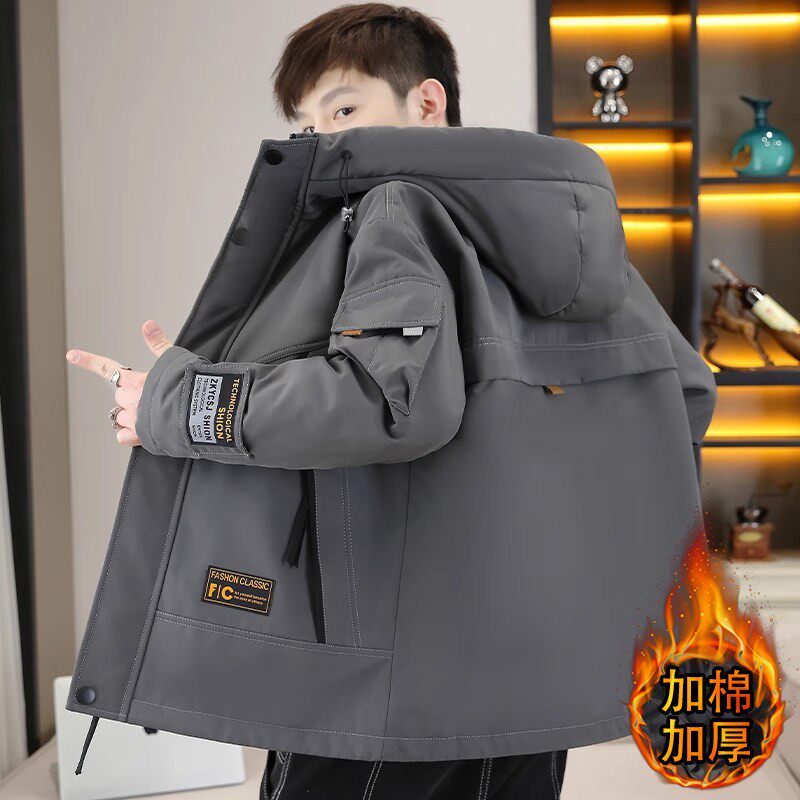 工装夹克男春秋款加绒加厚连帽外套男潮牌上衣服青少年秋冬防寒服