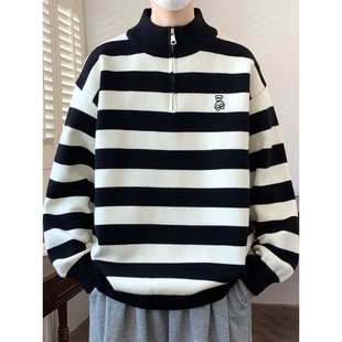 半拉链毛衣男款秋冬季2025新款青少年条纹小熊加厚内搭针织打底衫