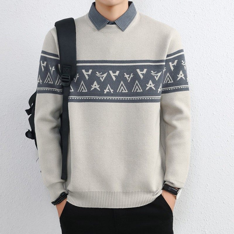 冬季时尚韩版假两件衬衫领毛衣男加厚保暖青年潮流条纹针织衫上衣,运动服/休闲服装,运动套装,淘宝优惠券,粉丝福利购,淘宝优惠卷