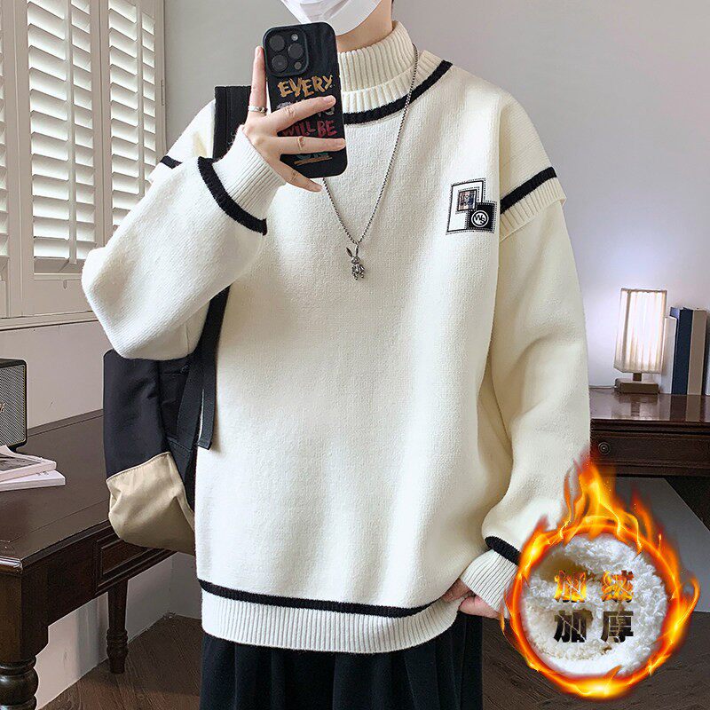 假两件毛衣男半高领秋冬季加绒加厚针织衫青少年内搭毛衫线衣外套