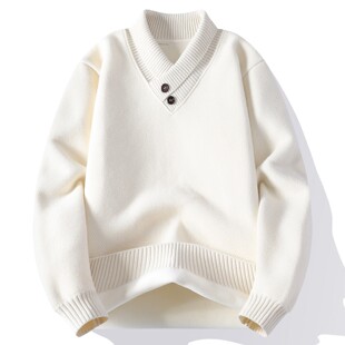 鸡心领男士毛衣秋冬季高级感潮牌叠领休闲V领加绒加厚针织打底衫