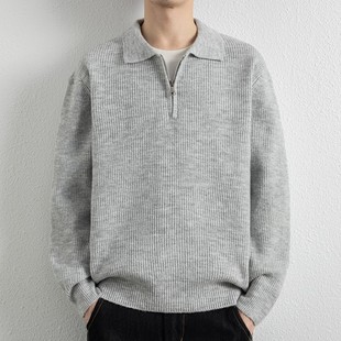 半拉链polo领毛衣男款秋冬季高级感潮牌纯色简约慵懒风翻领针织衫