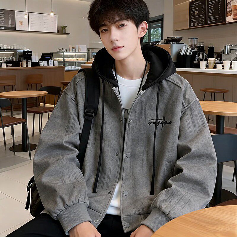 麂皮绒夹克男春秋季新款美式宽松连帽棒球服外套青少年休闲褂子男