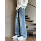 新款 秋季 美式 复古直筒休闲长裤 子男 男士 潮牌宽松高街阔腿裤 牛仔裤