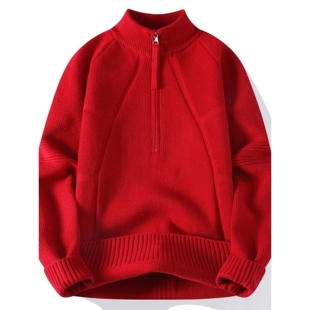 本命年红色毛衣男士冬季半拉链高领潮牌针织衫马年加厚线衣打底衫