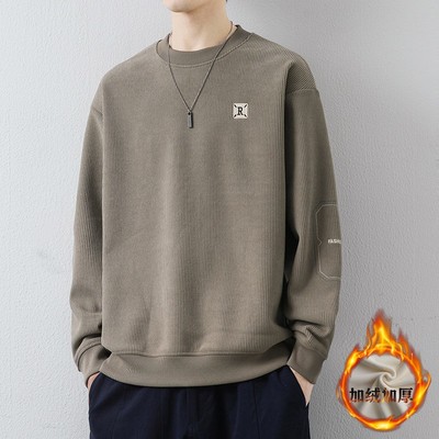 潮牌男士毛衣一体绒加厚刺绣打底衫内搭宽松秋冬季新款圆领羊绒衫
