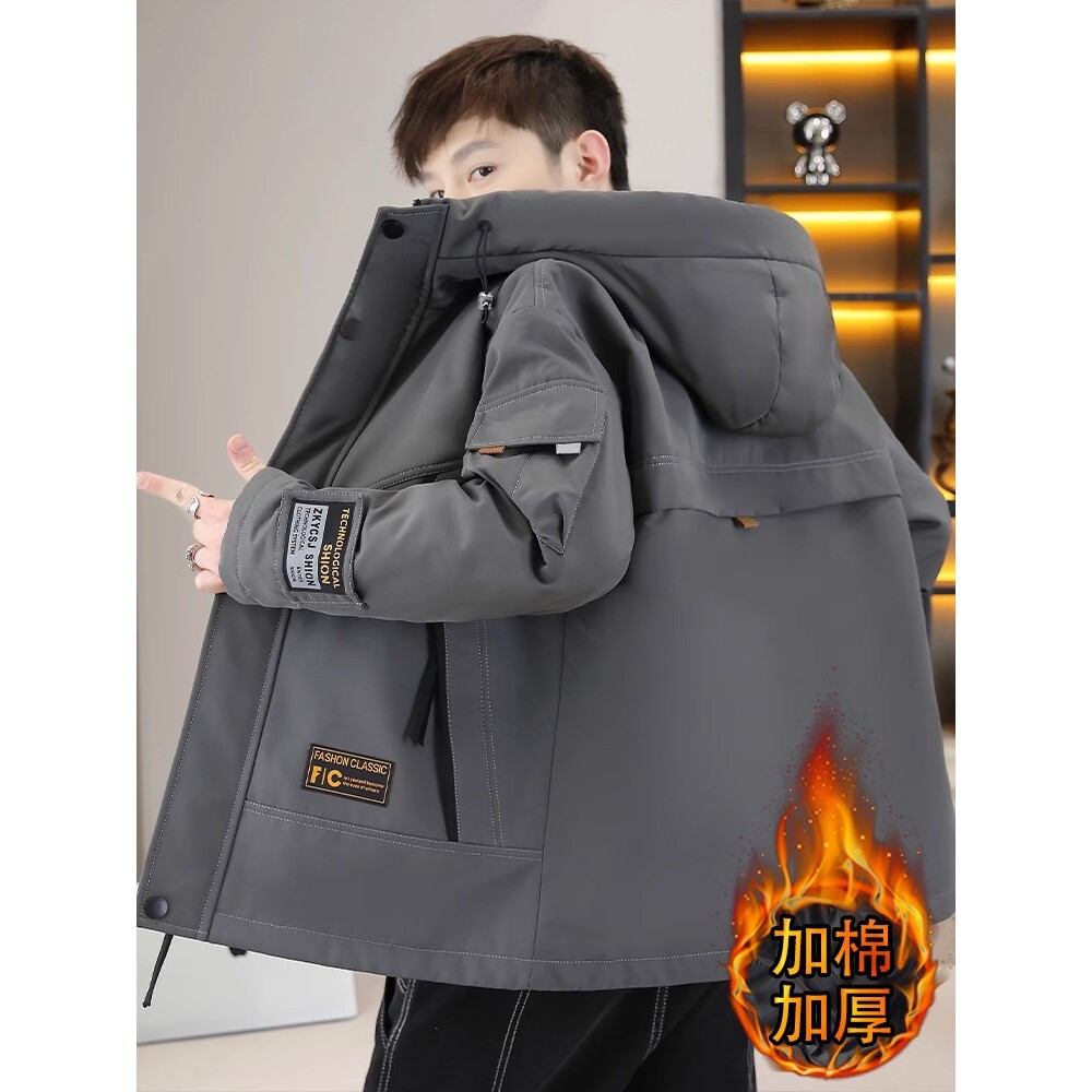 工装夹克男春秋款加绒加厚连帽外套男潮牌上衣服青少年秋冬防寒服