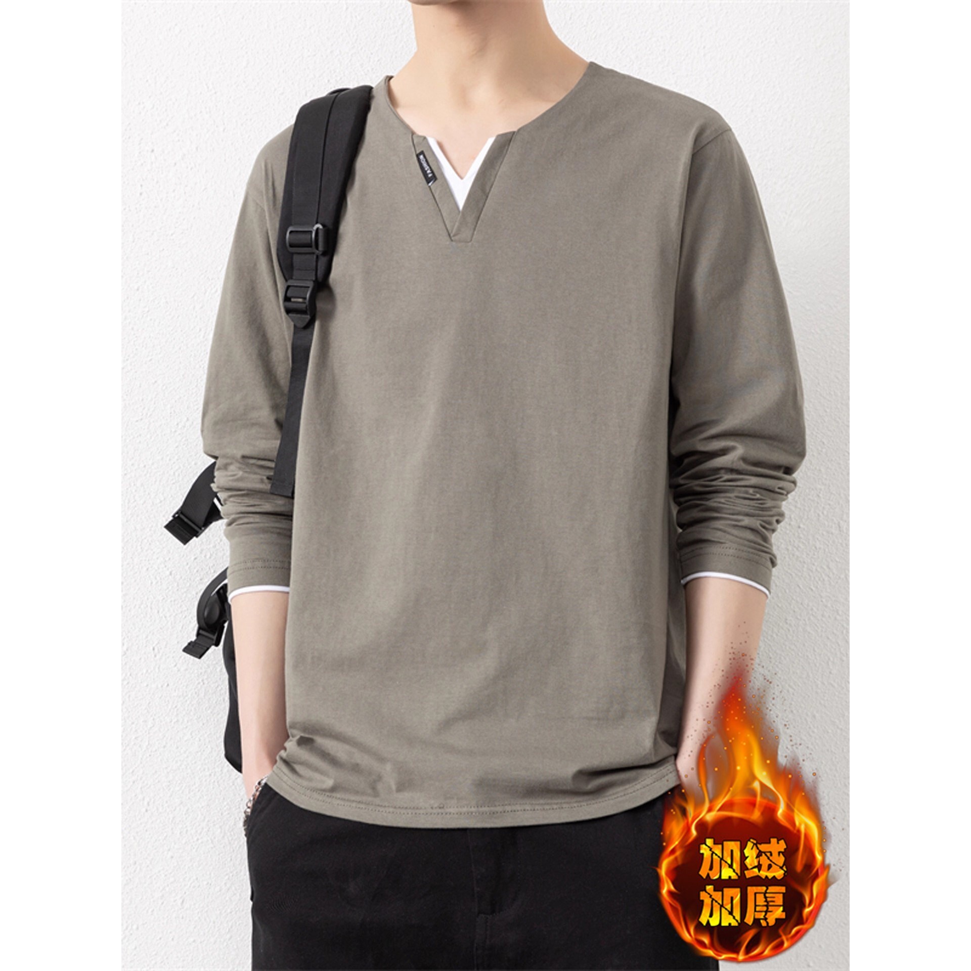 v领长袖t恤男士春秋季2026新款潮流休闲纯棉打底衫宽松假两件卫衣