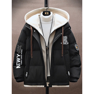 假两件外套男冬季潮牌潮流晋江棉服男款连帽休闲棉衣冬天加厚棉袄