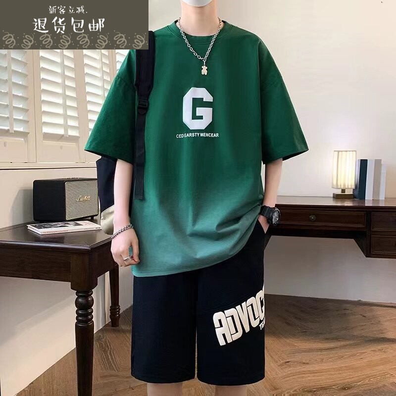 青少年短袖t恤男孩衣服初高中学生潮流帅气大童夏装运动短裤套装