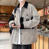 撞色翻领上衣服宽松单排扣谷仓夹克男 新款 美式 风复古外套男春秋季