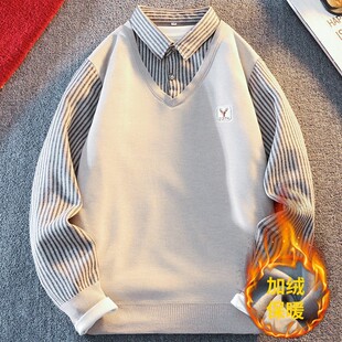 2025新款加绒假两件男士休闲针织衫时尚都市百搭保暖衬衫领毛衣男