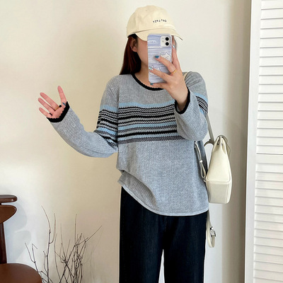 乃粒大码女装圆领条纹毛衣女长袖上衣2025冬胖mm宽松针织衫23616