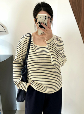大码女装方领上衣女显瘦条纹衫2025秋款胖mm打底宽松针织衫22389
