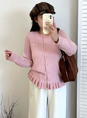 大码女装圆领休闲荷叶边上衣女毛衣2025冬胖mm宽松针织开衫23350