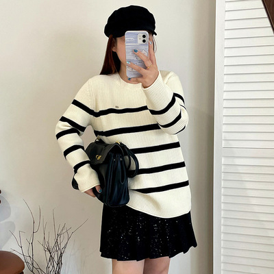 大码女装圆领撞色条纹衫女宽松毛衣2025冬款胖mm休闲针织衫23190
