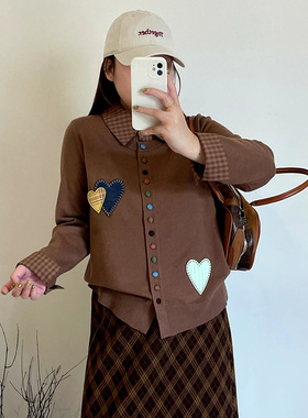 乃粒大码女装拼接长袖爱心上衣开衫25冬胖mm宽松休闲针织衫23638