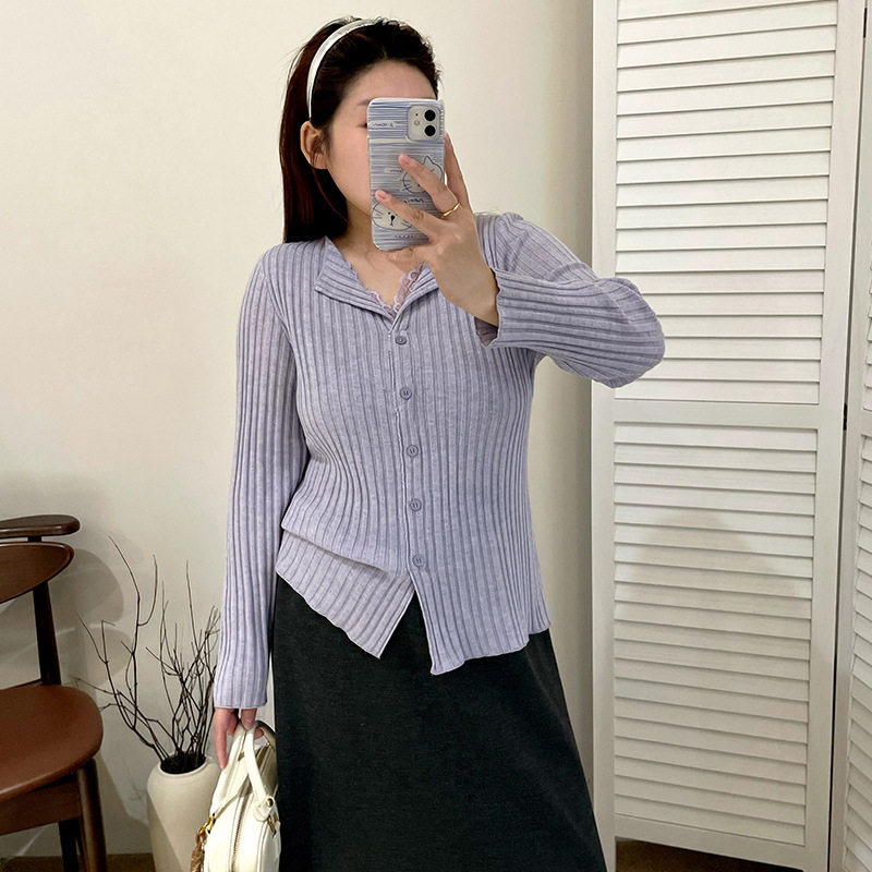 大码女装v领拼接蕾丝上衣女20毛针织衫
