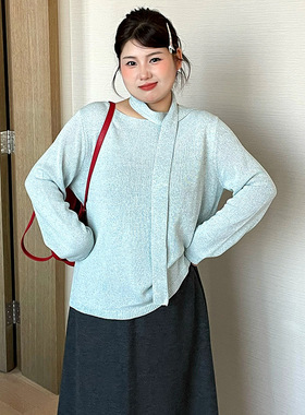 大码女装一字领长袖毛衣女飘带上衣2026春款胖mm百搭针织衫23783
