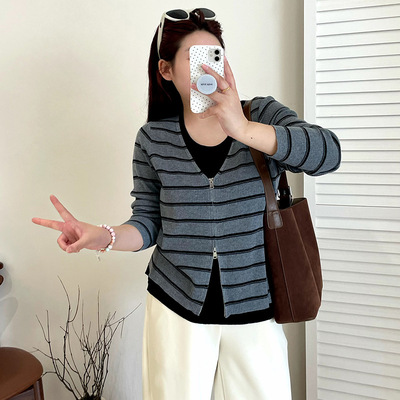 大码女装撞色假两件上衣女宽松针织衫2025秋胖mm显瘦条纹衫23110