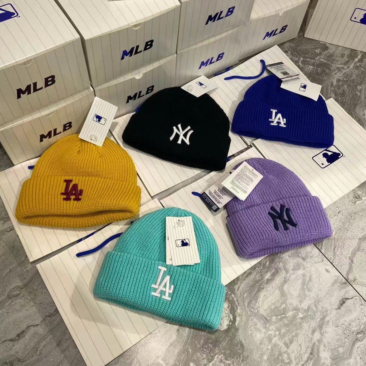 韩国新款mlb毛线帽子冬季大帽檐保暖ny洋基队la女百搭男针织冷帽