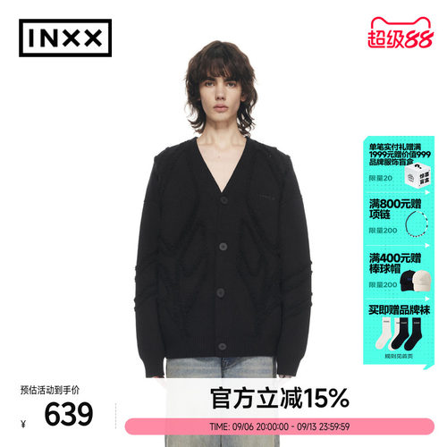 INXX黑色V领宽松暗黑风针织外套