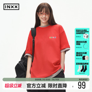 INXX彩色软糖感纯棉印花T恤女2026新款短袖简约宽松圆领男式上衣