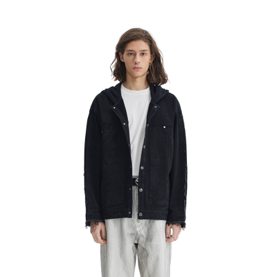 【INXX】APYD 牛仔拼接卫衣夹克外套男时尚做旧街头风连帽上衣