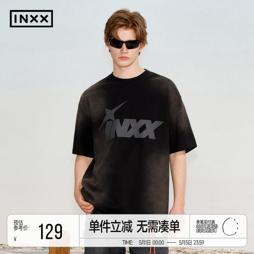 明星同款 INXX喷马骝褪色水洗做旧短袖T恤男撞色logo印花五分袖女 - 封面