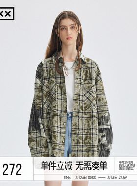 INXX 潮流街头长袖衬衫男女同款美式复古做旧格子衬衣外套