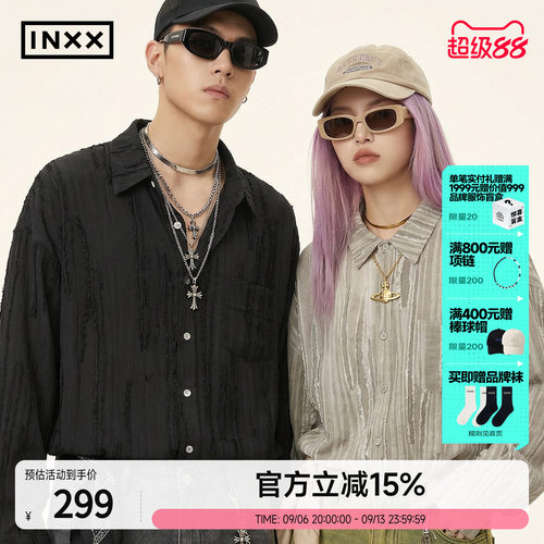 INXXAPYD 立体复古毛边衬衣男宽松休闲翻领衬衫上衣情侣装