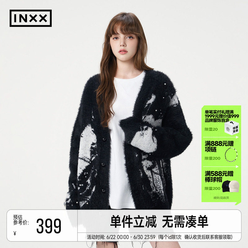 INXX仿貂毛时尚针织衫男女同款水墨爱心提花宽松V领毛衣开衫