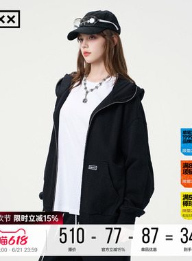 INXX黑色简约连帽卫衣男撞色包针绣休闲宽松开衫上衣帽衫潮