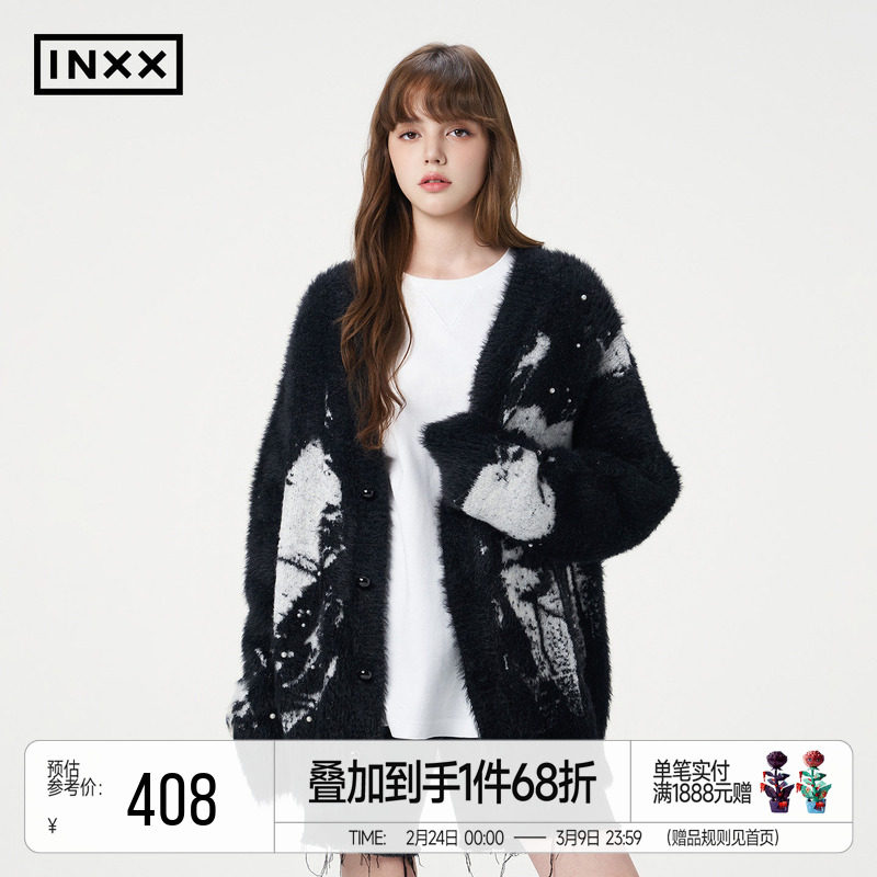 INXX仿貂毛时尚针织衫男女同款水墨爱心提花宽松V领毛衣开衫