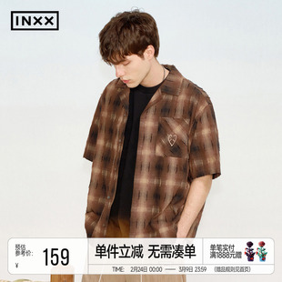 明星同款 INXX复古拼色剪花格纹衬衫男潮毛边设计感小众衬衣情侣