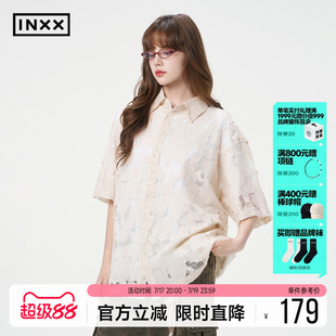 INXX美式复古镂空短袖衬衫2026夏季流行烂花格纹宽松衬衣外套女