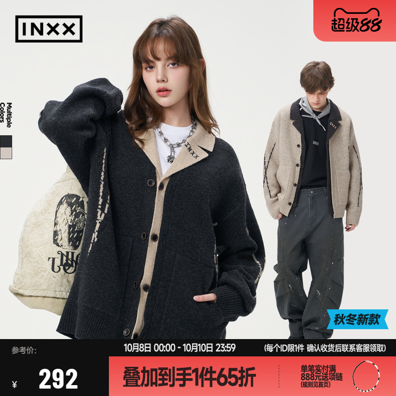 【INXX】美式复古针织衫男女同款撞色假两件翻领设计开衫毛衣情侣