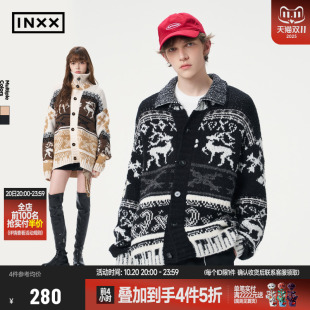 复古费尔岛毛衣开衫 美式 高领两穿提花软糯宽松情侣针织衫 INXX