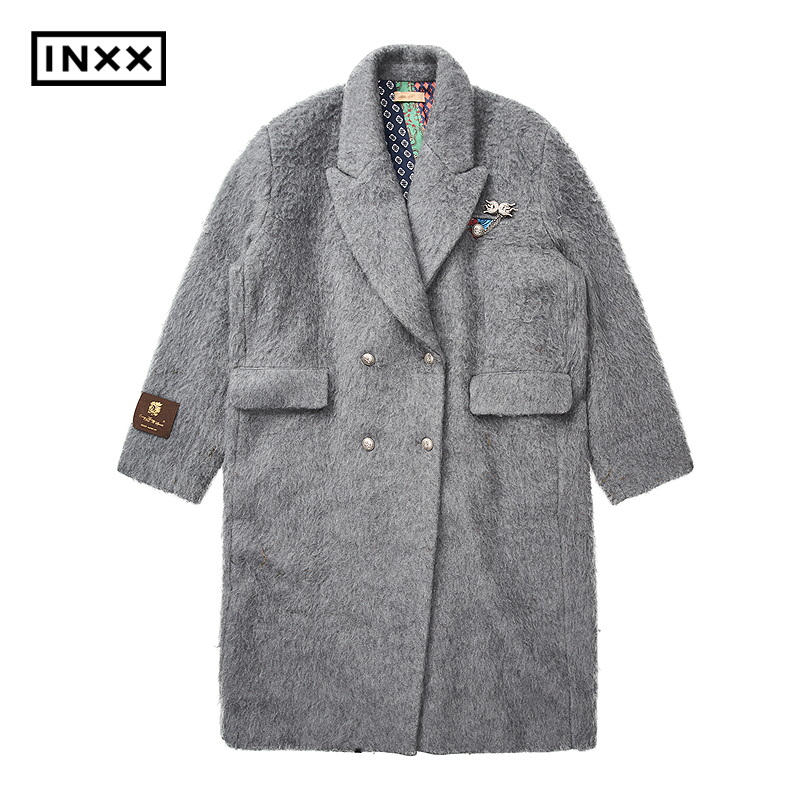 INXX时尚交领羊毛大衣双排扣纯色男女同款宽松外套XGF4171395