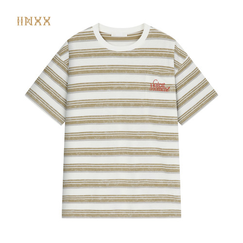 INXX口袋刺绣复古做旧条纹短袖