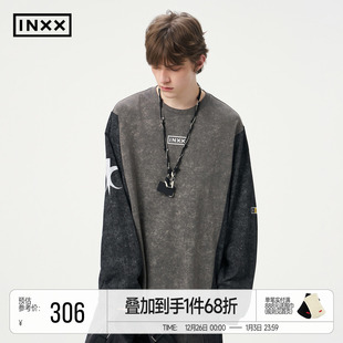 复古层次感印花圆领上衣打底衫 INXX撞色拼接长袖 T恤男女同款