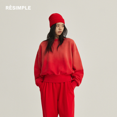 【RESIMPLE】简单点极简生活重磅纯棉红色渐变设计感套头卫衣女
