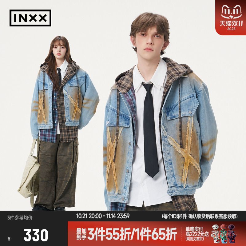 明星同款 INXX机车街头感喷染牛仔外套潮牌美式做旧宽松夹克男女