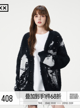 INXX仿貂毛时尚针织衫男女同款水墨爱心提花宽松V领毛衣开衫