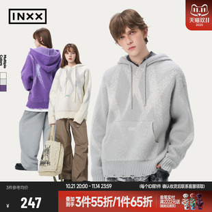 街头感宽松百搭休闲毛衣情侣款 仿马海毛撞色连帽针织衫 INXX