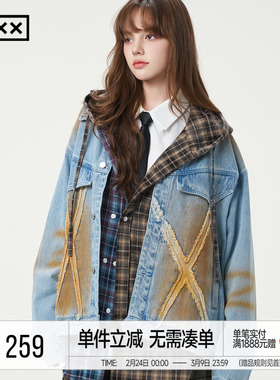 明星同款 INXX机车街头感喷染牛仔外套潮牌美式做旧宽松夹克男女