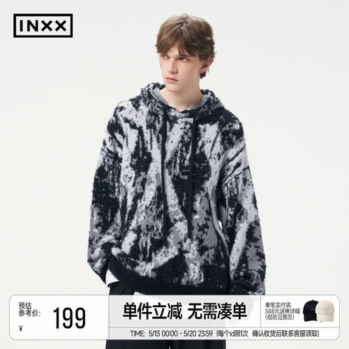 INXX街头风仿貂毛针织衫男渐变水墨慵懒宽松连帽套头毛衣女